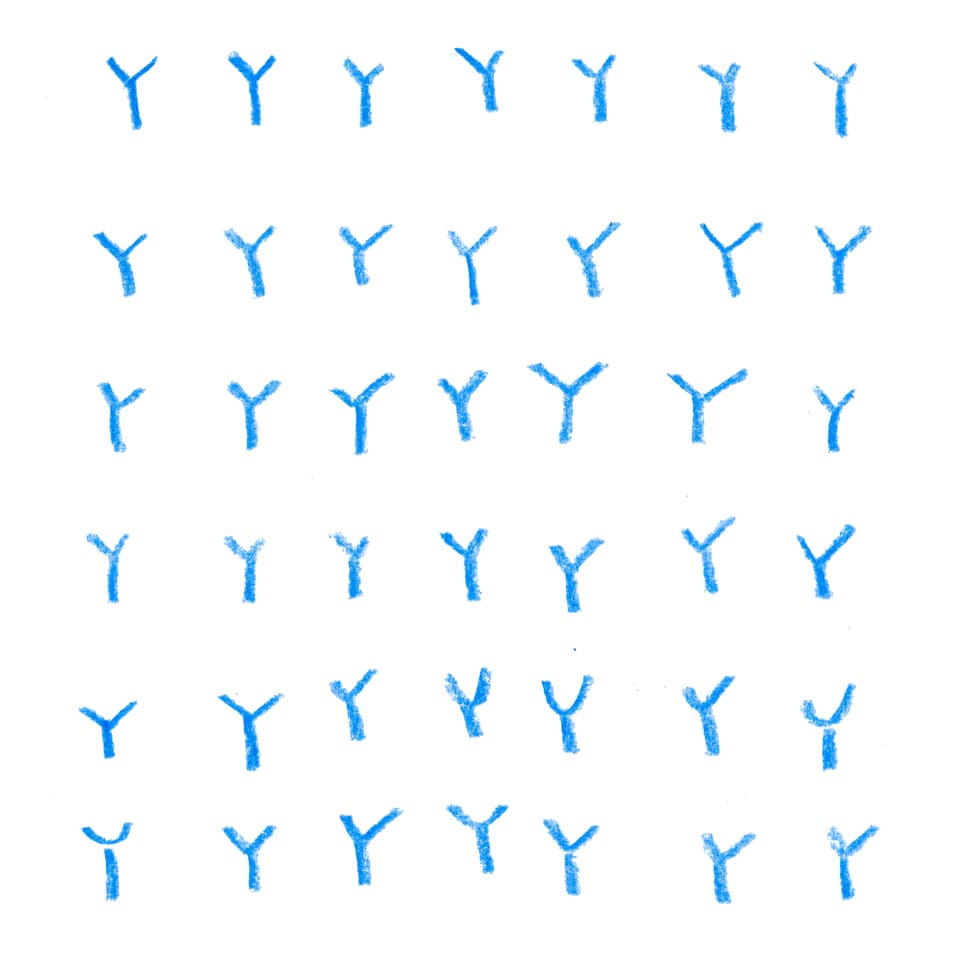 A handwritten blue letter "y" duplicated several times.