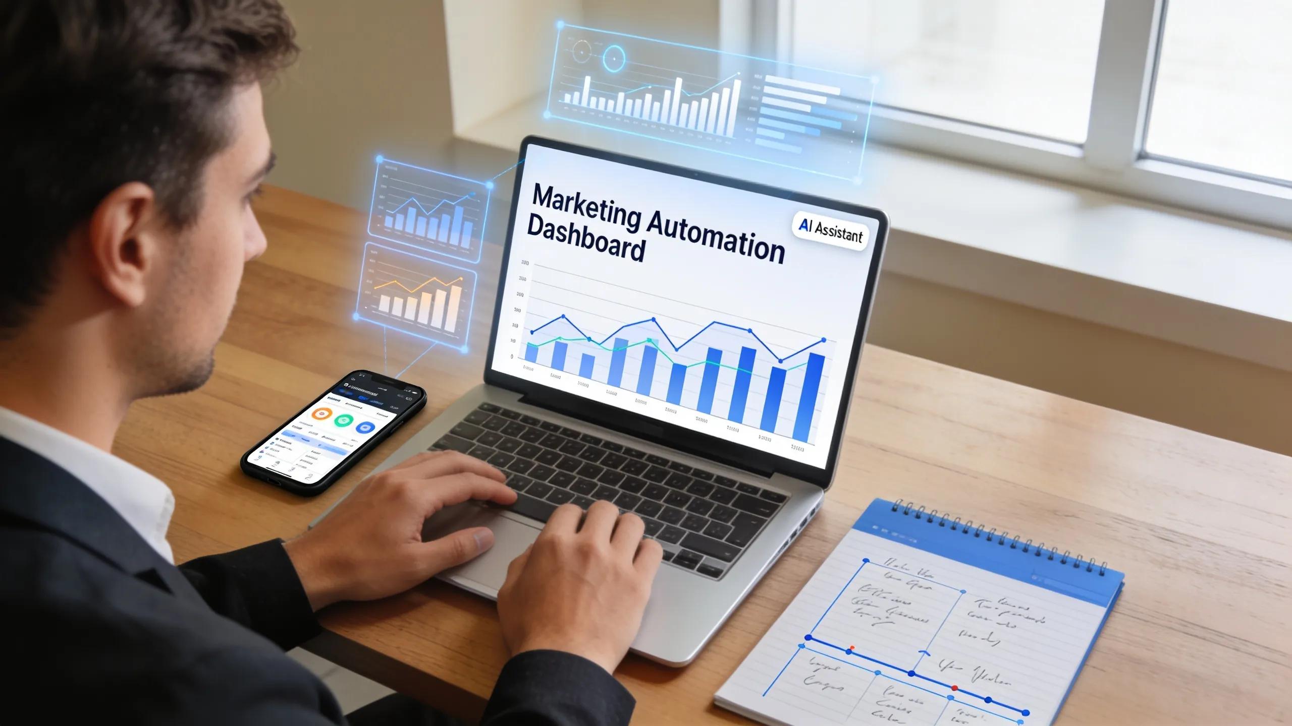 Marketing professional utilizing AI tools for customer engagement strategies
