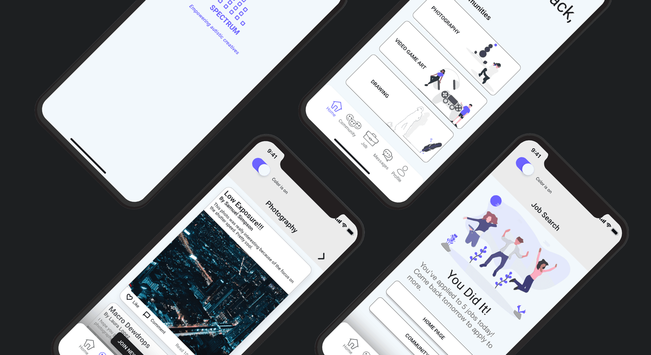 Spectrum platform interface showing UX research and accessibility design features for neurodivergent job seekers