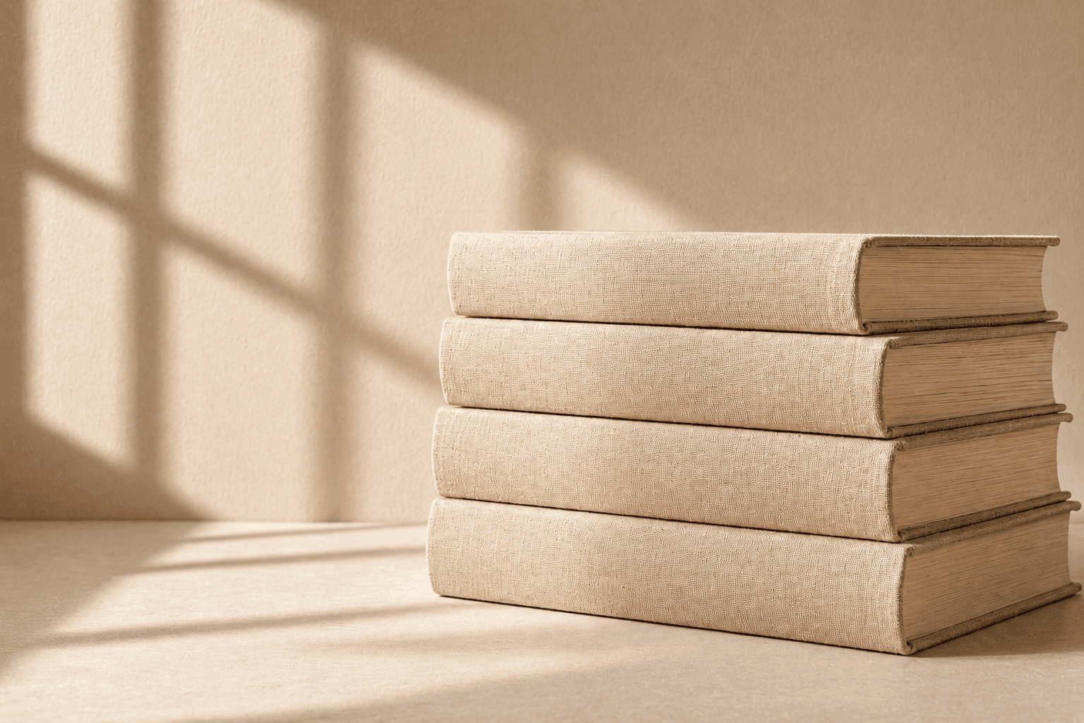 Stapel juristischer Bücher in ruhiger, minimalistischer Umgebung