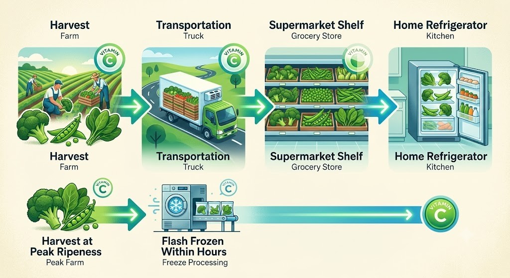 A detailed modern infographic illustrating the journey of vegetables (broccoli, peas, spinach) from farm to kitchen. It shows a long fresh path with declining Vitamin C levels through transportation and supermarket shelves, contrasting it with a short frozen path (flash freezing at peak ripeness) that maintains constant Vitamin C content.