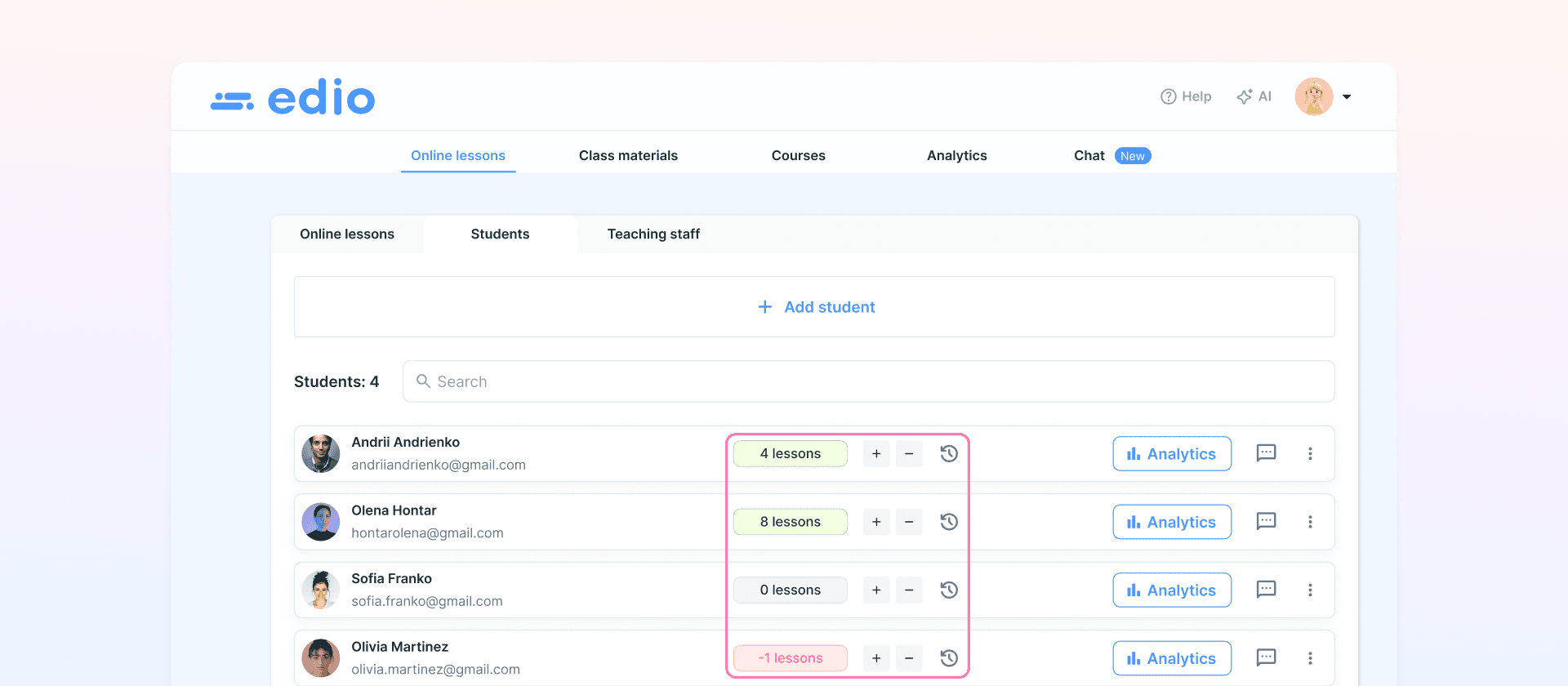 edio students list view showing lesson balances inline — green for positive, pink for negative — with quick add and deduct buttons for each student.