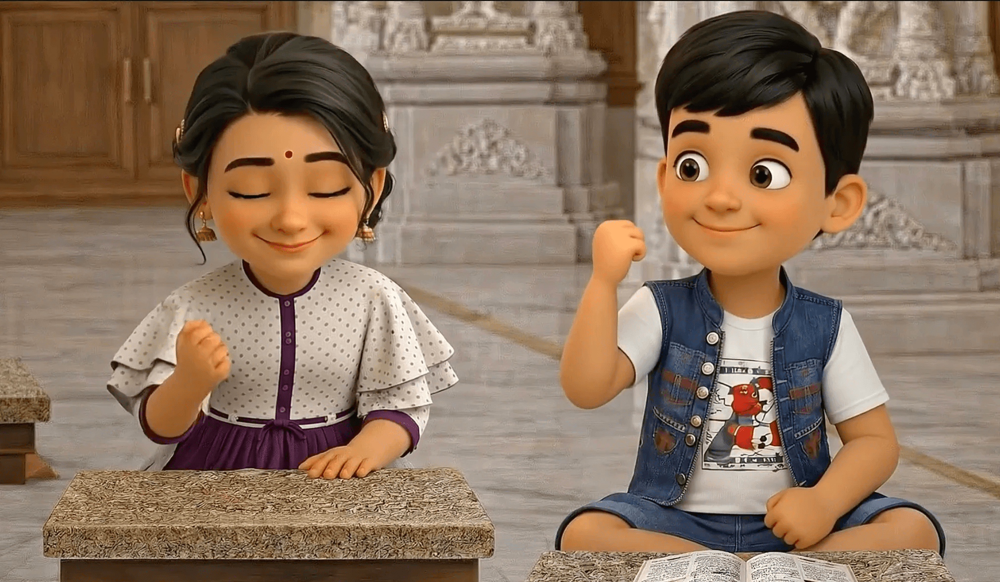 Children exploring Jain wisdom in a temple