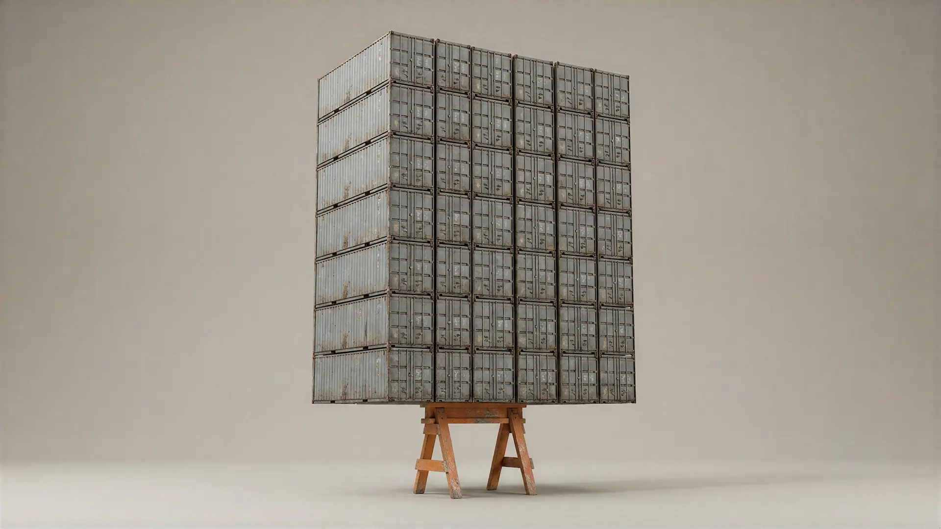 A tall stack of weathered shipping containers balanced on a small wooden sawhorse.