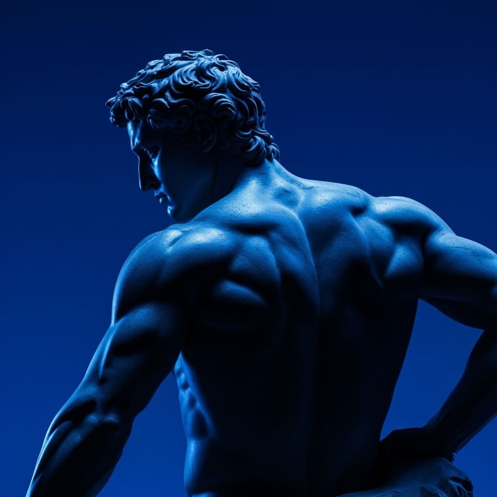 Close-up of a sculpture of a muscular man, with a blue light highlighting the details of his back and torso.
