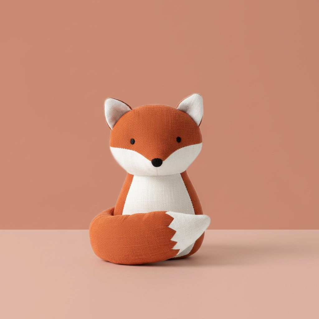 A medium-sized orange and white fox stuffed animal with a big, fluffy tail and embroidered eyes.
