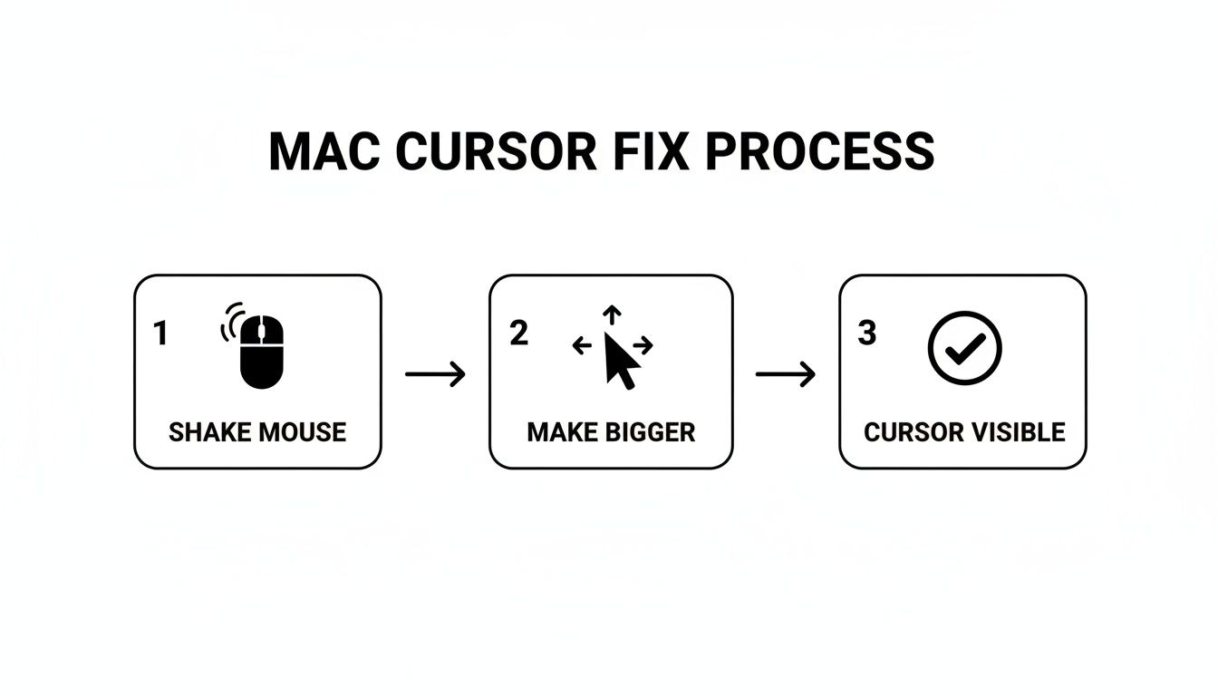 A three-step infographic detailing how to fix a Mac cursor by shaking the mouse to make it visible.