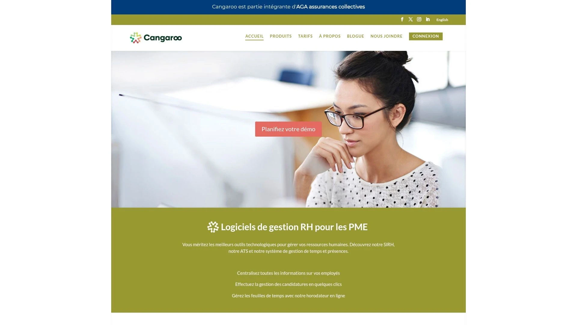 "Cangaroo HR software homepage in French, featuring a professional woman looking at computer screen"