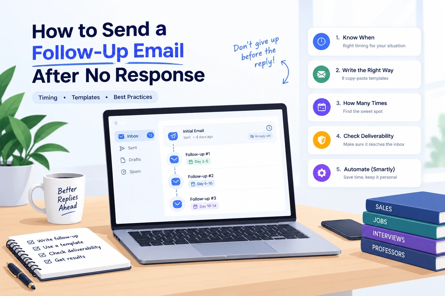 Illustration of a follow-up email sequence timeline after no response, ending with a reply received