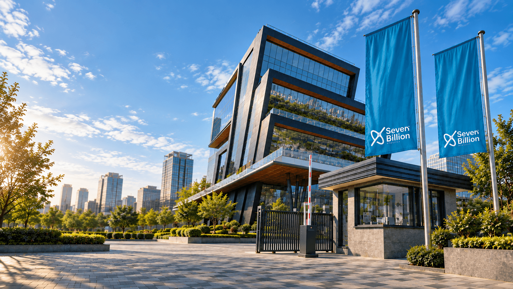 Seven Billion Analytics campus building with branded flags