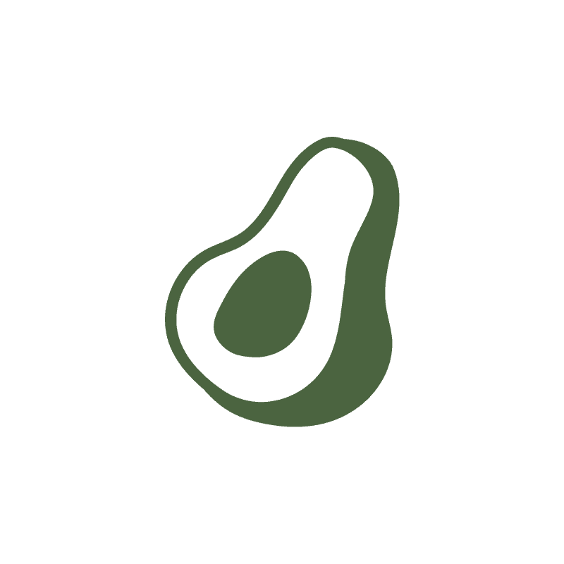 An abstract illustration of a halved avocado with a green outer layer and a dark inner seed set against a simple, two-toned blue background.