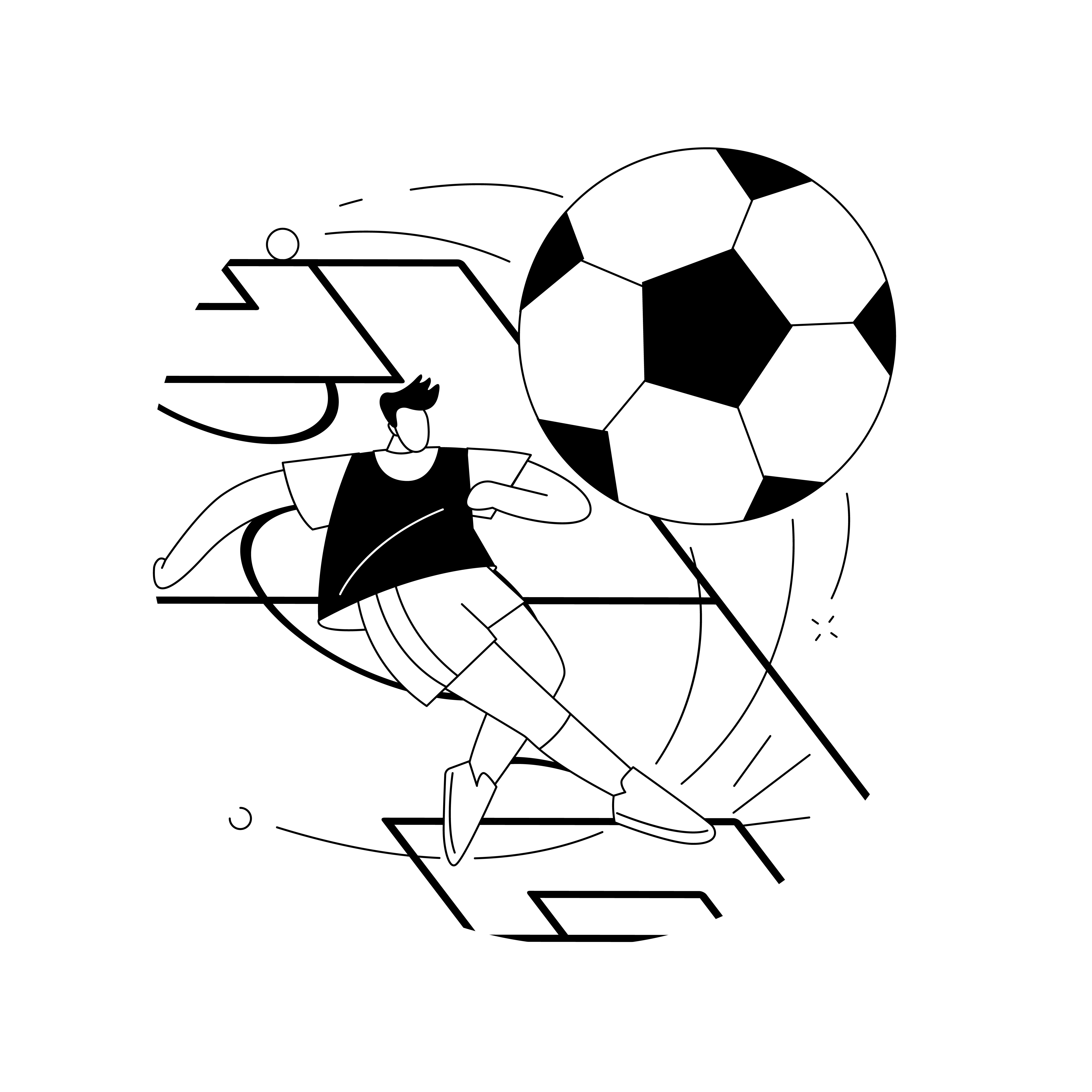 A stylized black and white illustration of a soccer player dynamically kicking a football, with abstract lines suggesting movement and energy.