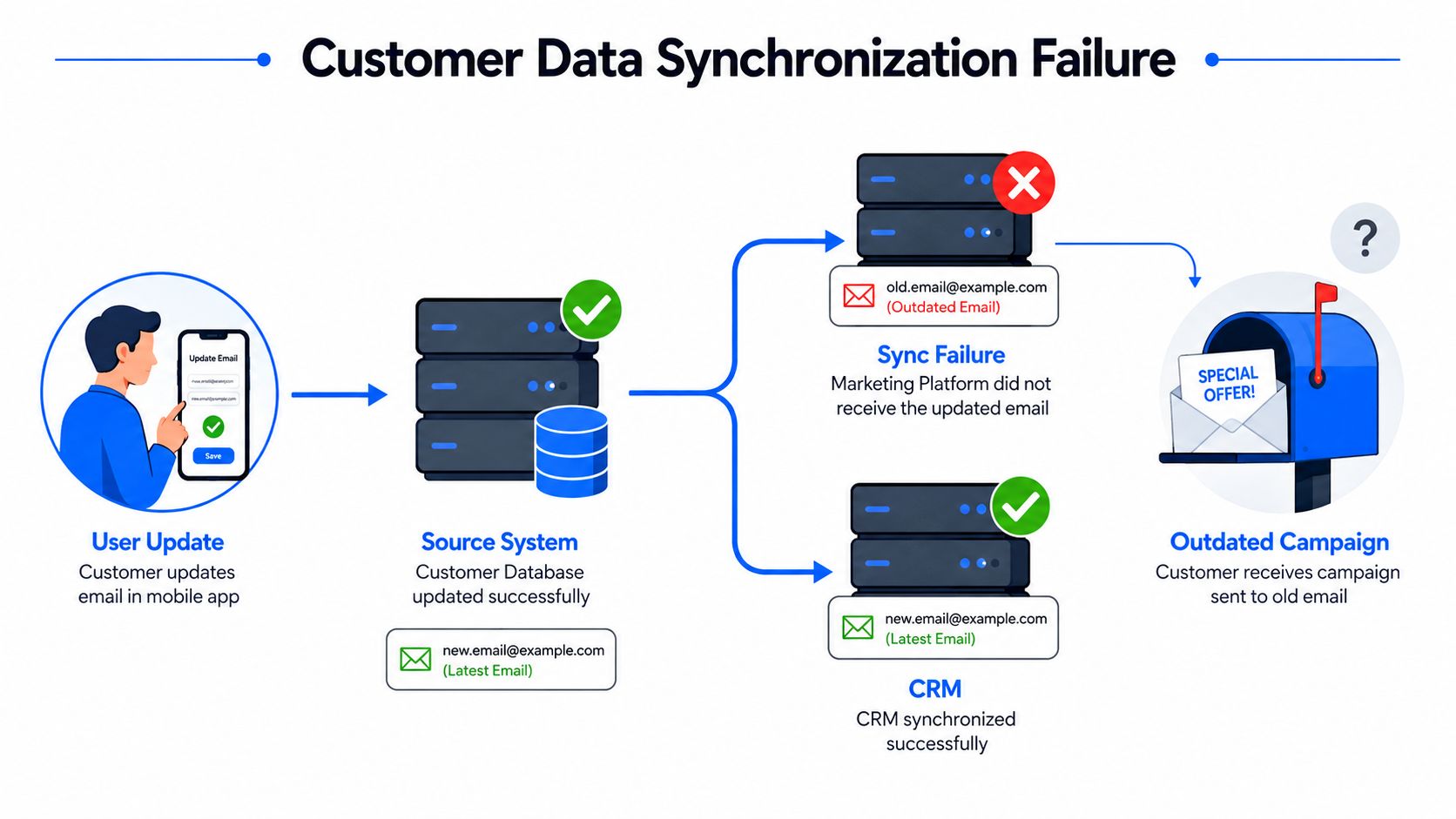 A diagram illustrating a customer data synchronization failure between a database, a marketing platform, and a CRM.