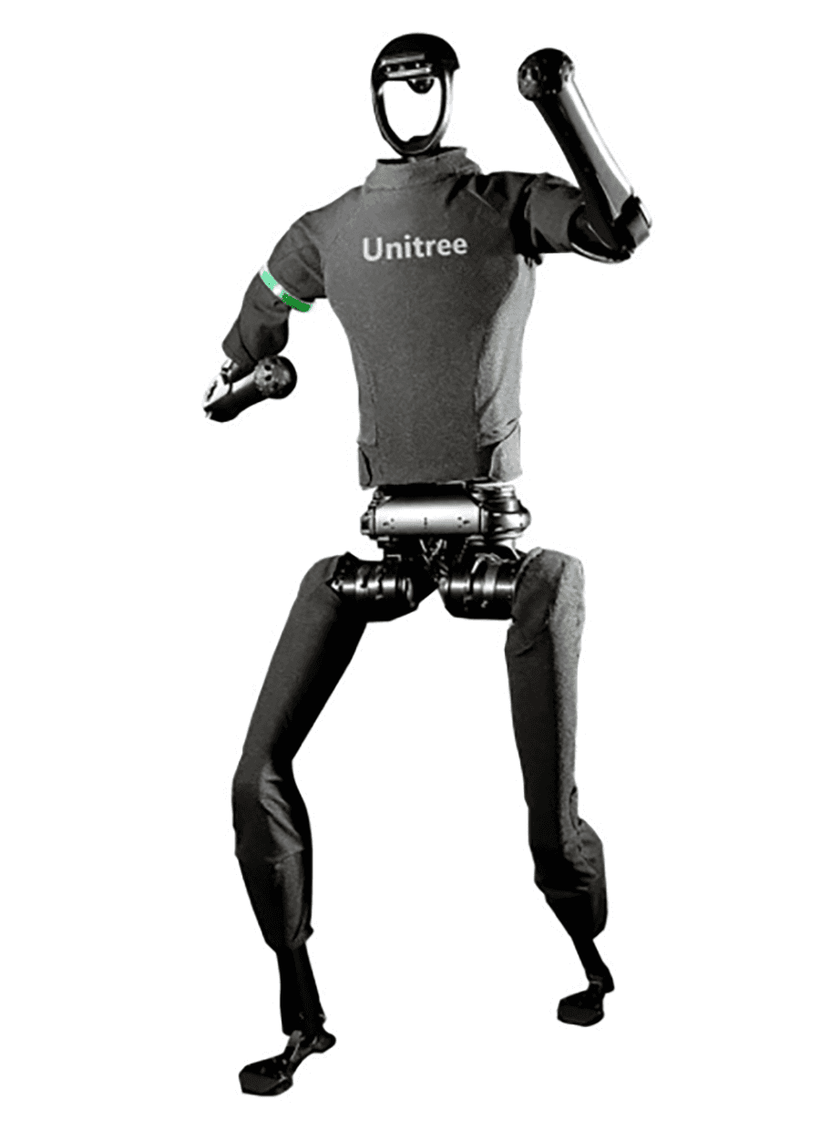 Humanóide H1 da Unitree Robotics. O robô é quase todo preto e está em pé com um pé adiantado