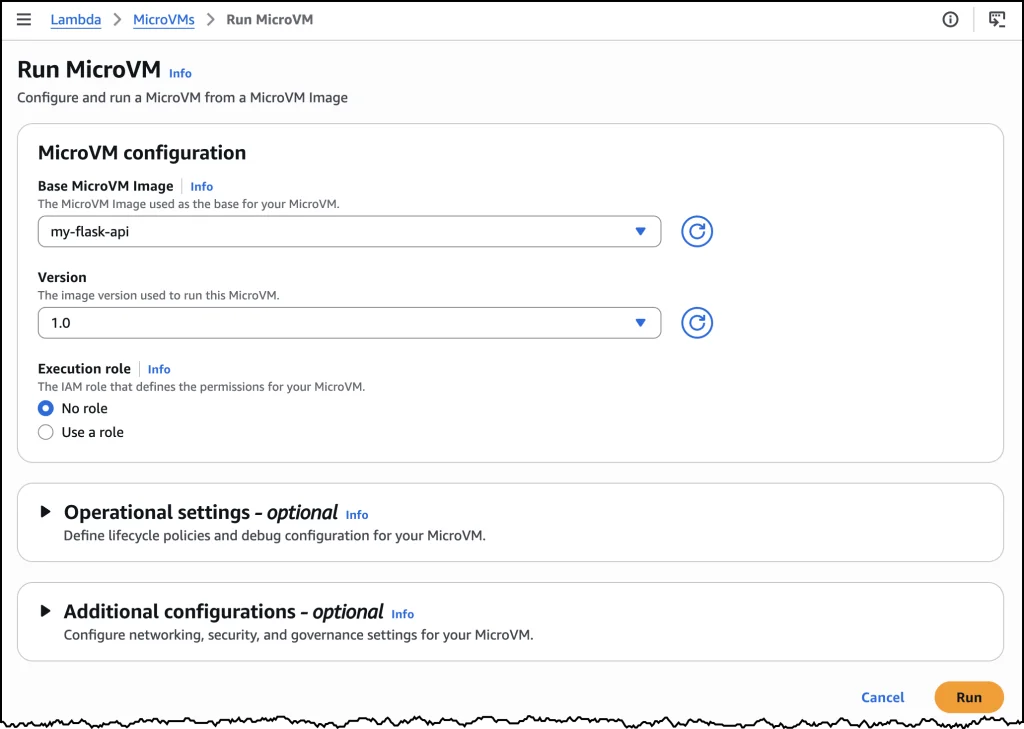 AWS console Run MicroVM configuration