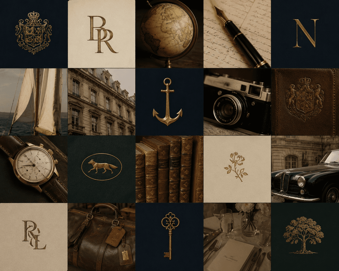 A 4x5 grid collage moodboard capturing an "old money" and classic luxury lifestyle aesthetic in dark navy, forest green, warm gold, and rich brown tones. The images include elegant embossed gold crests, monograms ("BR", "N", "RL"), a vintage globe, a gold fountain pen on script, a sailboat at sea, European architecture, a gold anchor, a vintage camera, a leather passport cover, a luxury chronograph watch, a running fox emblem, antique leather-bound books, a gold rose illustration, a classic vintage black car, a weathered leather duffel bag, an ornate gold key, an intimate dinner table setting, and a gold tree emblem.