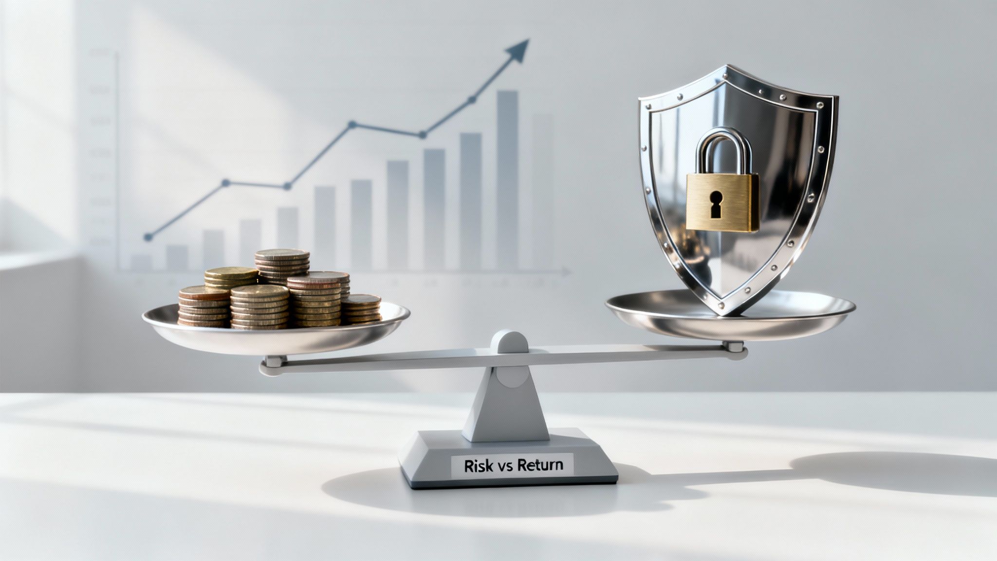 A scale balances stacks of coins representing return against a shield with a padlock symbolizing risk.