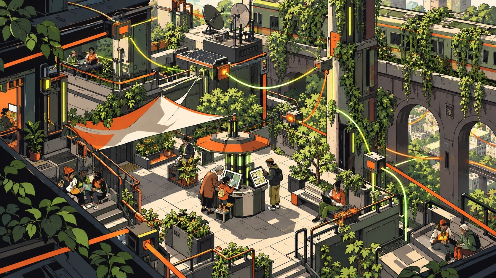 Neighborhood courtyard with people using shared terminals and connected buildings