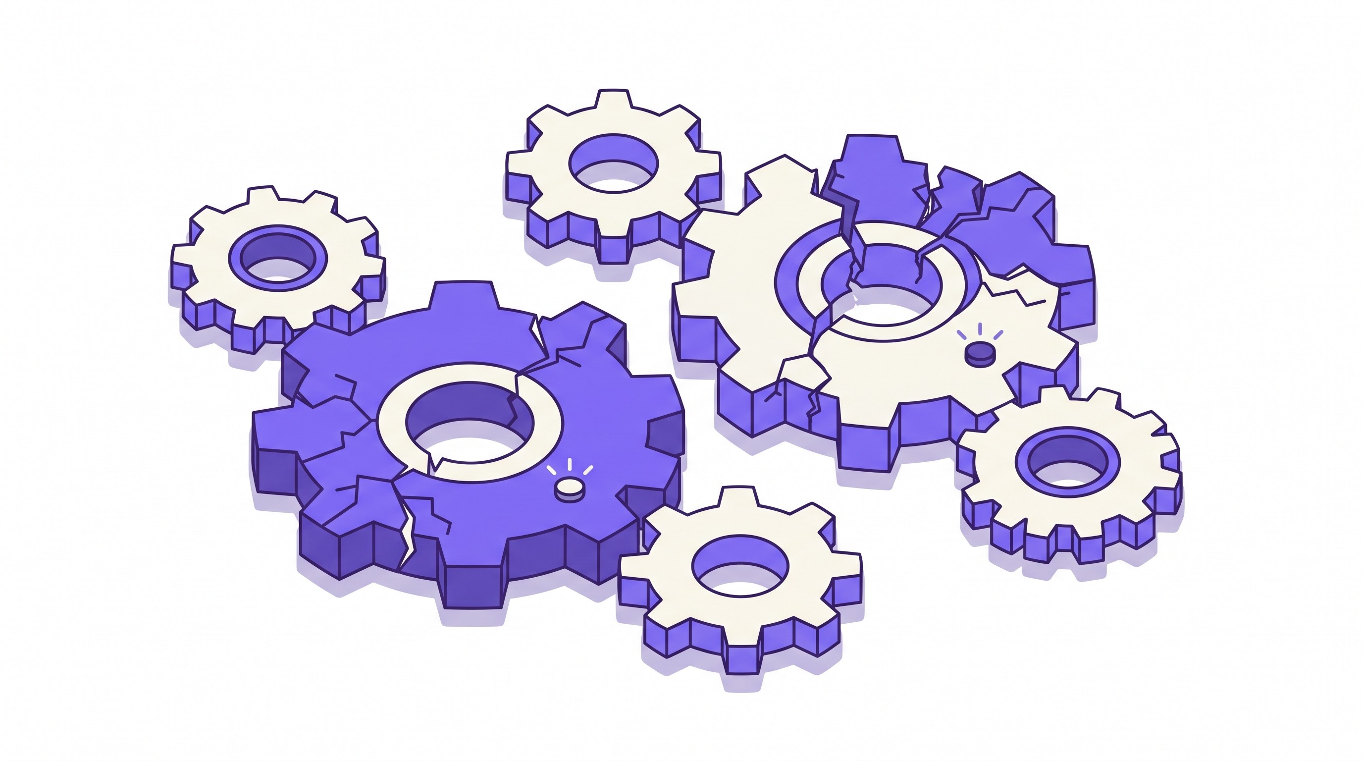 Isometric illustration of a machine with six gears — four smooth gears rotating cleanly and two cracked gears highlighted, showing where mechanical systems have weak points