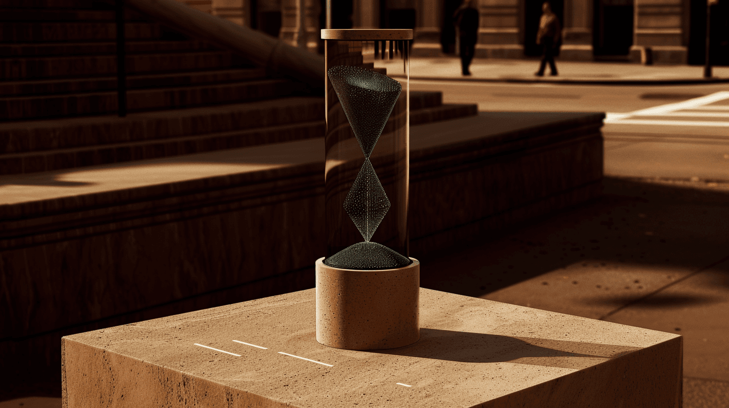 A sepia-toned hourglass, filled with sparkling digital particles, stands on a stone block in an urban setting symbolizing.