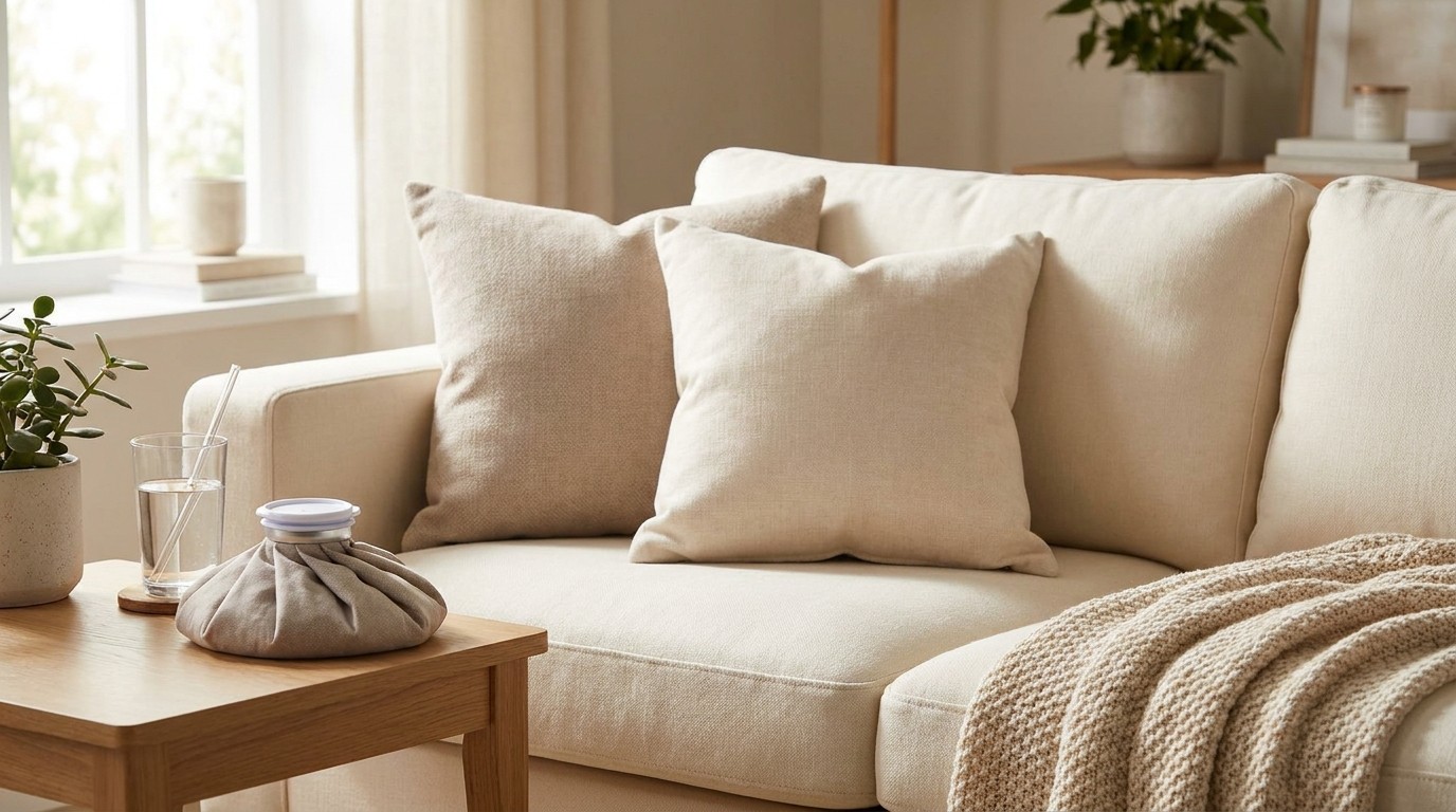 A comfortable home recovery spot with pillows, an ice pack, and water prepared before dental implant surgery.