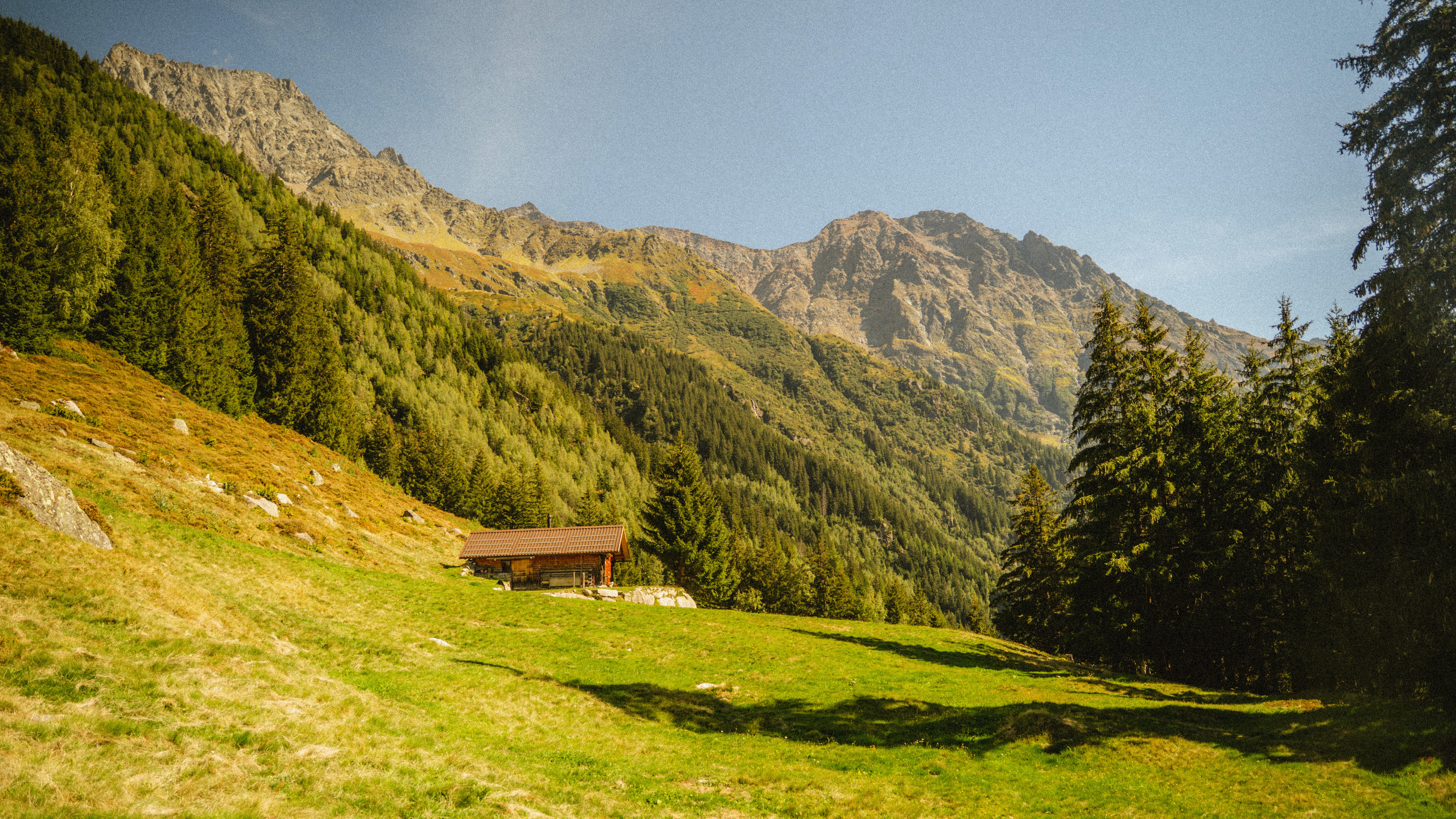Alphütte auf einer Bergwiese vor Felsgipfeln im Berner Oberland