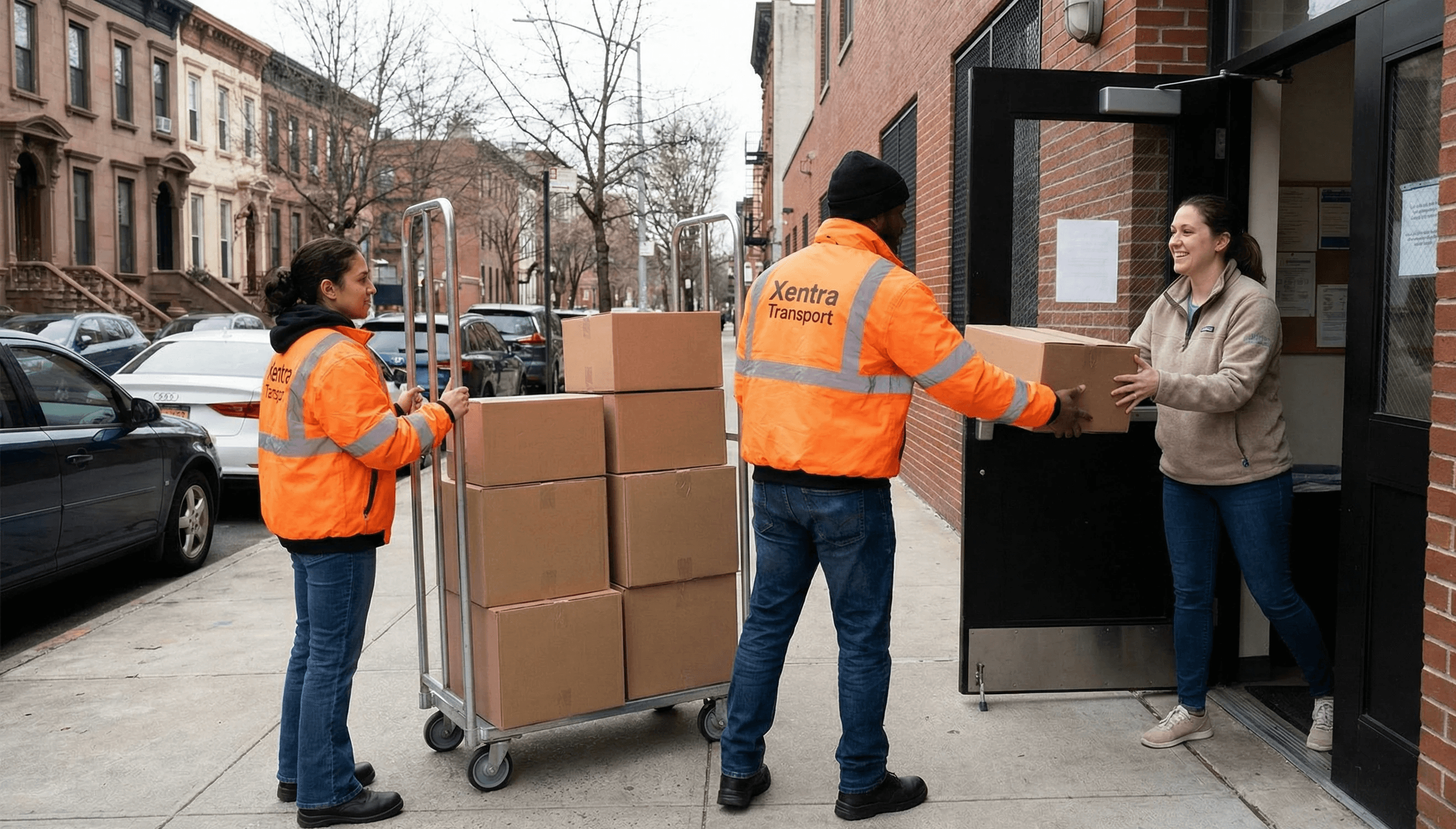 unload stacked supply boxes on a rolling cart and hand one box to a staff member in non profit org nyc