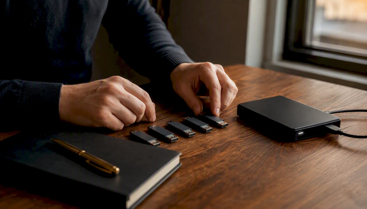 Hands sorting USB drives on desk