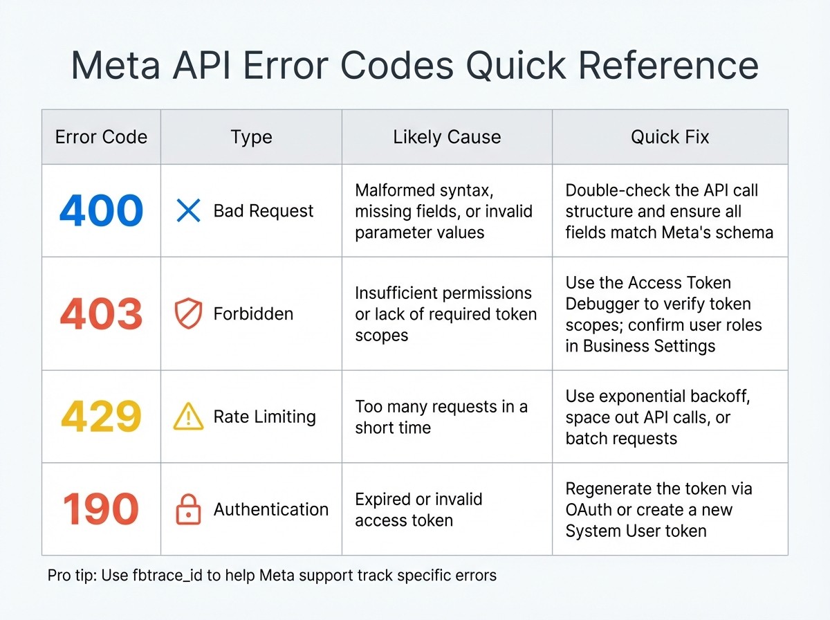 Meta API Error Codes Quick Reference Guide