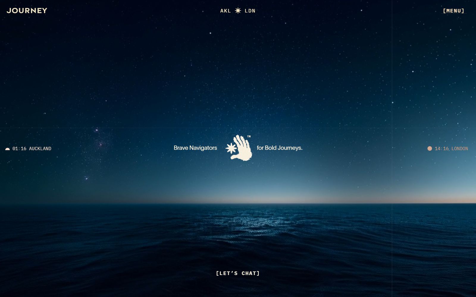 Starry night sky over a calm ocean; text: "Brave Navigators for Bold Journeys." with icons for Auckland and London. Option: "[LET’S CHAT]".