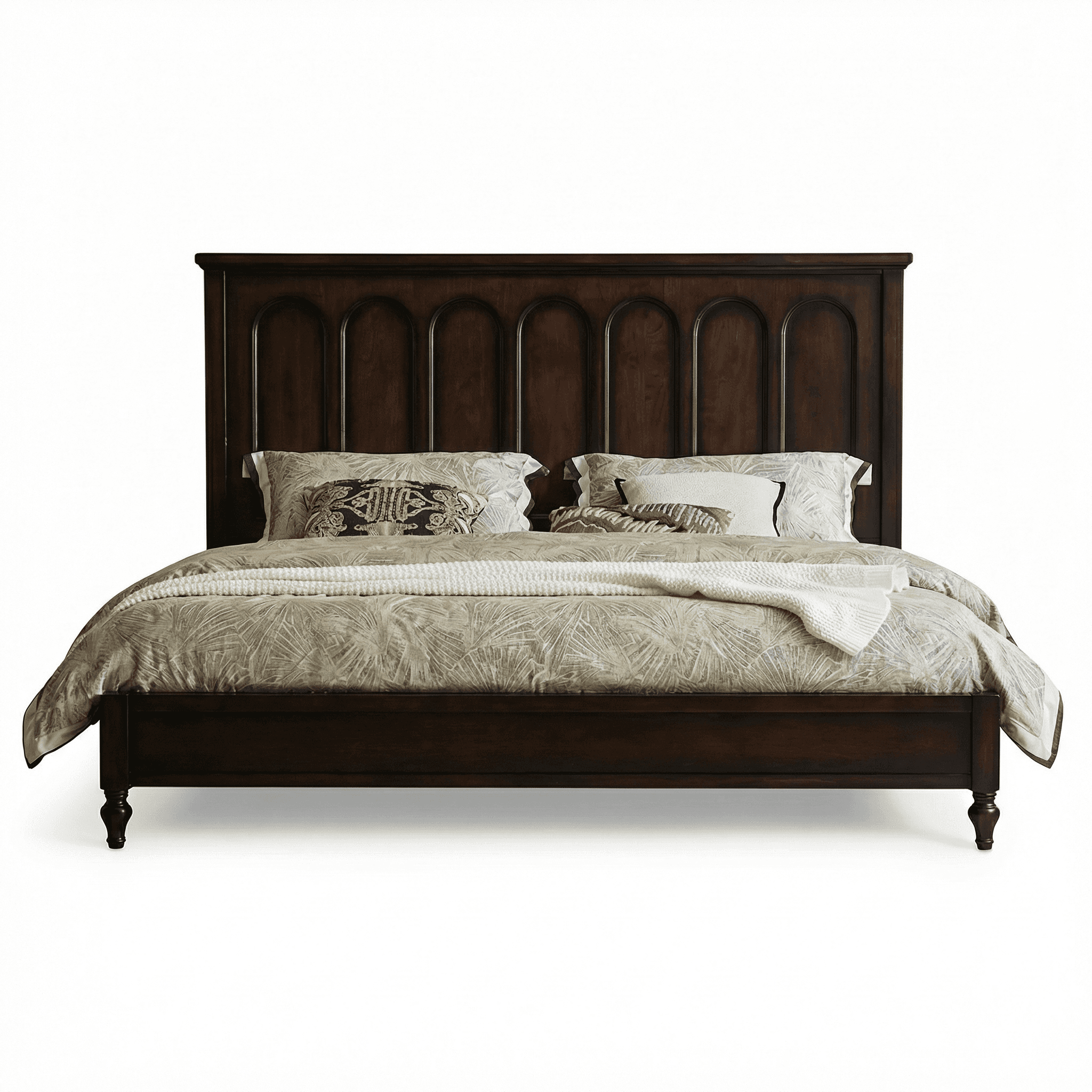 Dark wood bed with panelled headboard, integrated shelving, and structured frame design