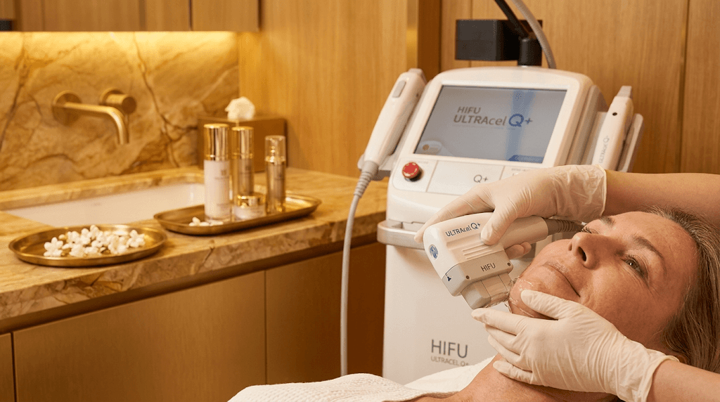 A clinical close-up of a practitioner applying a marking grid to the submental area (under the chin) of a male Indian patient. The patient is looking up, exposing the area. The practitioner is holding a CoolSculpting applicator or a HIFU transducer, demonstrating precise targeting of the fat pad