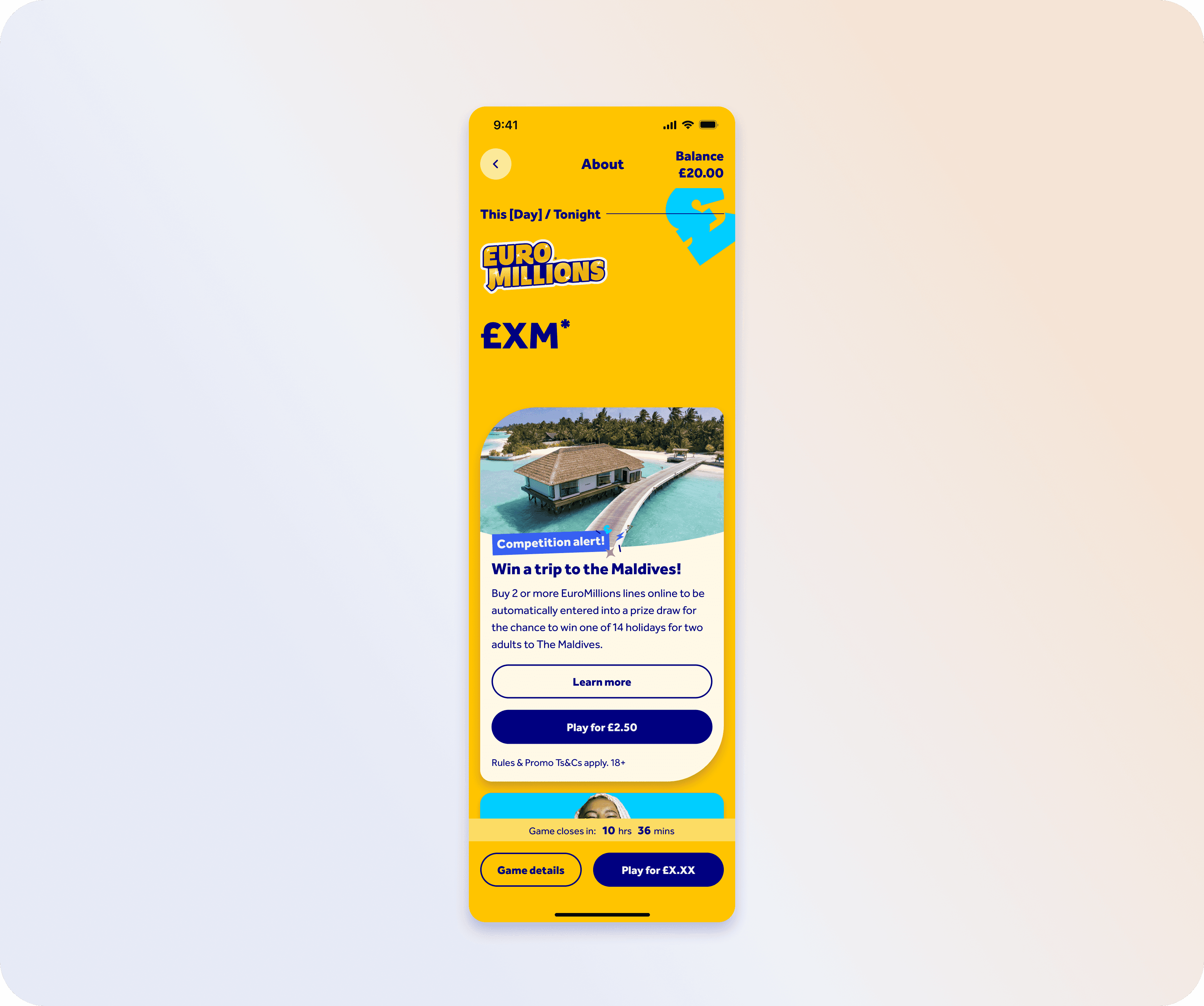 EuroMillions promotional banner placed within the app's gameplay screen, alongside the jackpot value and countdown