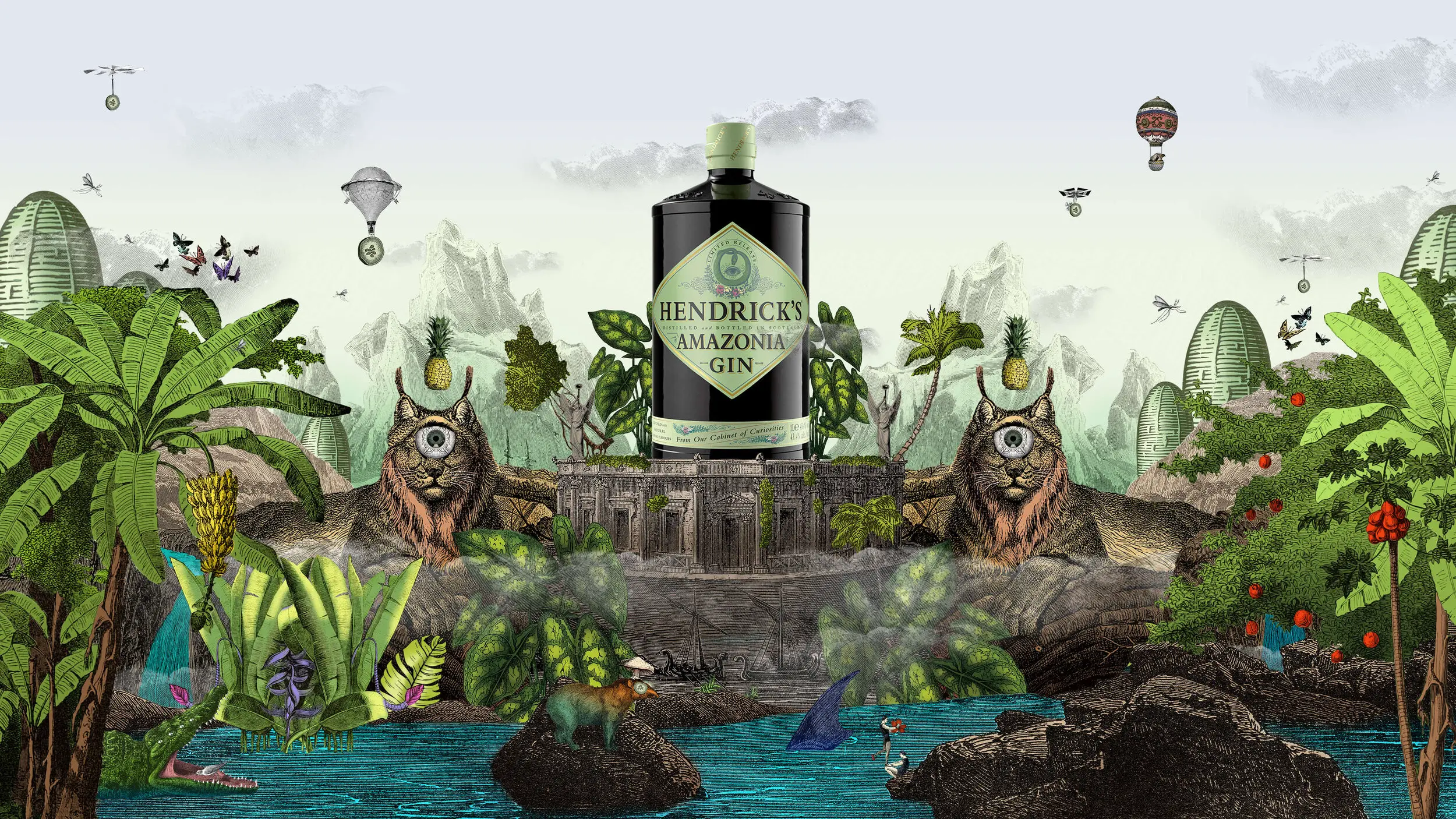 Illustrated jungle oasis with Hendrick's Gin bottle in centre and surreal creatures and decorations around