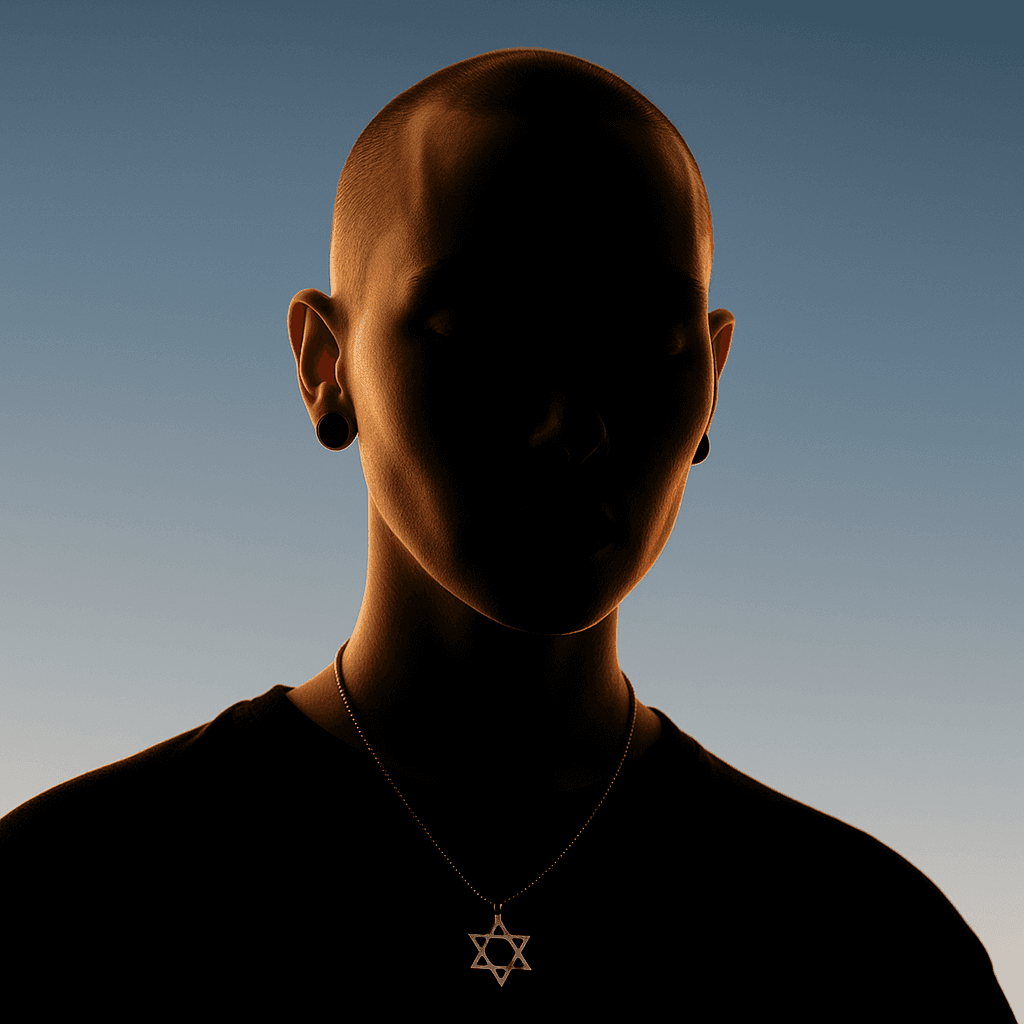 Backlit profile of an individual symbolizing Jewish and Queer identity through a Star of David necklace and minimalist aesthetic.