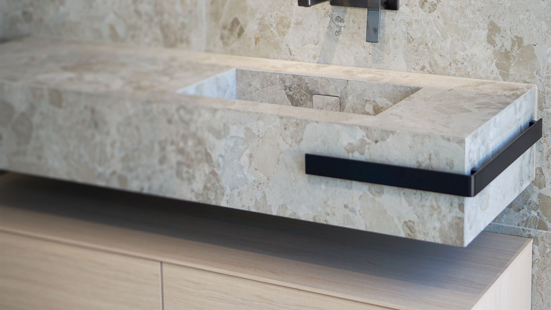 Sunlight streaming through lush green trees, casting shadows on a modern architectural building with glass panels and vertical wooden slats.