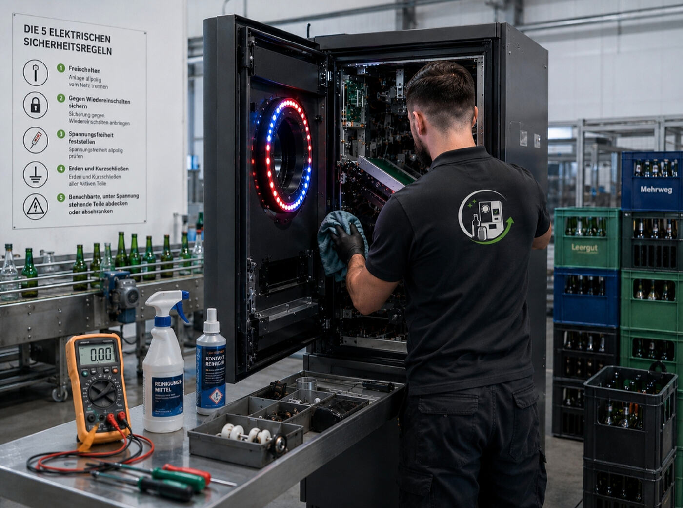 Servicetechniker reinigt ein geöffnetes Leergutrücknahmesystem in einer Werkstatt