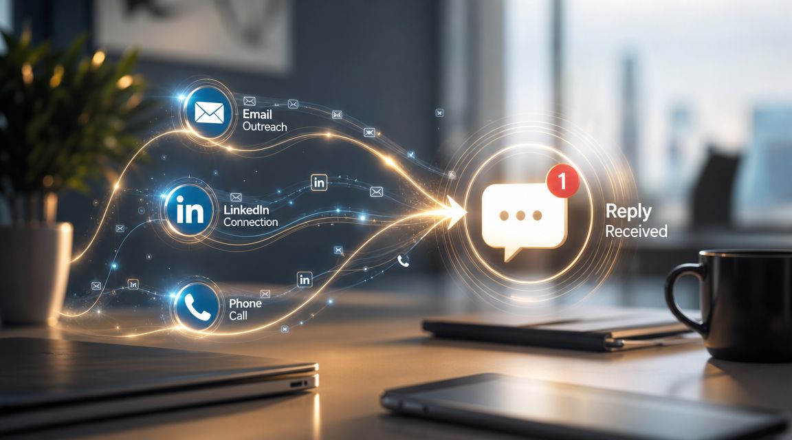 A digital graphic showing communication channels like email, LinkedIn, and phone calls leading to a received reply.