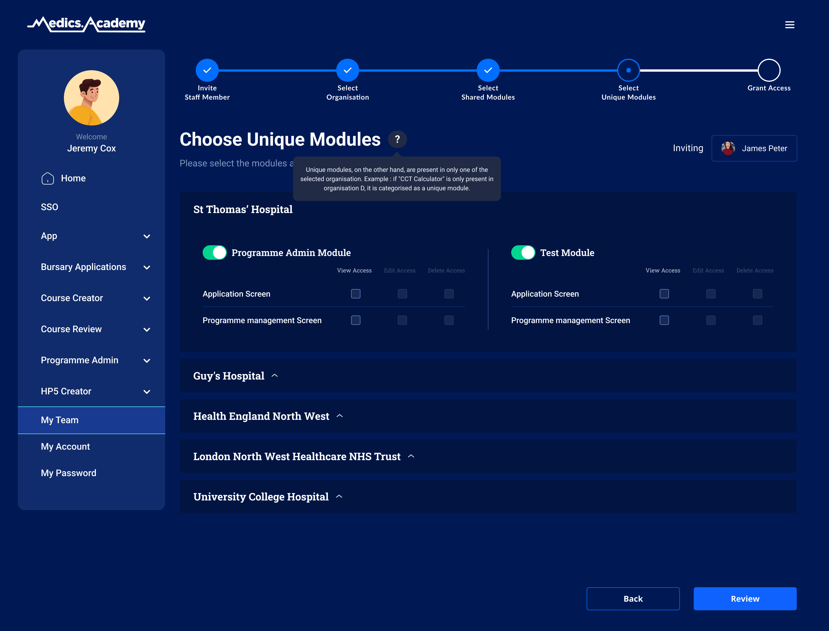Unique modules selection screen across healthcare organisations