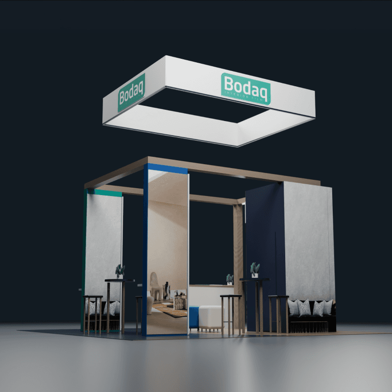 20x20 surface material booth rental with product sample walls and integrated storage