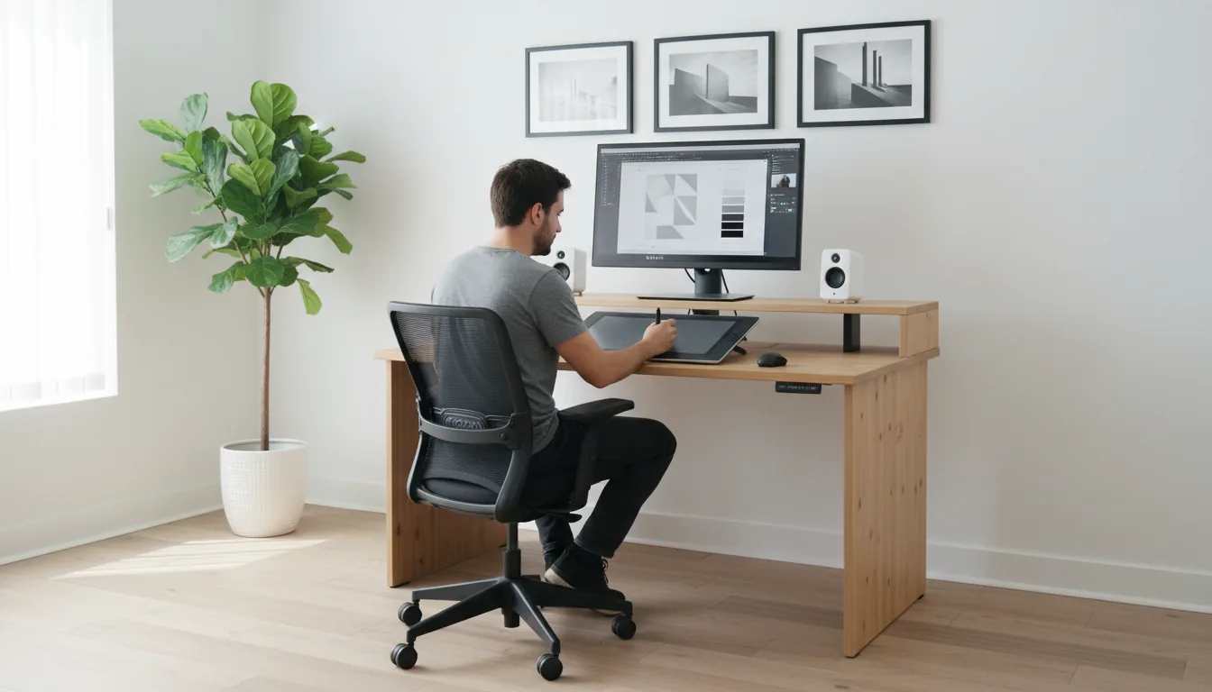 DSLR photo of a professional designer in a minimalist home office, sitting in a black ergonomic mesh chair at a wooden standing desk. He is focused, drawing with a stylus on a graphics tablet. A large computer monitor on a wooden riser displays a design interface, with small white speakers on either side. The room has white walls, light wood floors, and a large potted fiddle leaf fig plant in the corner. Framed black and white photos hang on the walls. The scene is captured with soft, natural daylight from a side window, creating a bright and clean atmosphere with sharp focus.