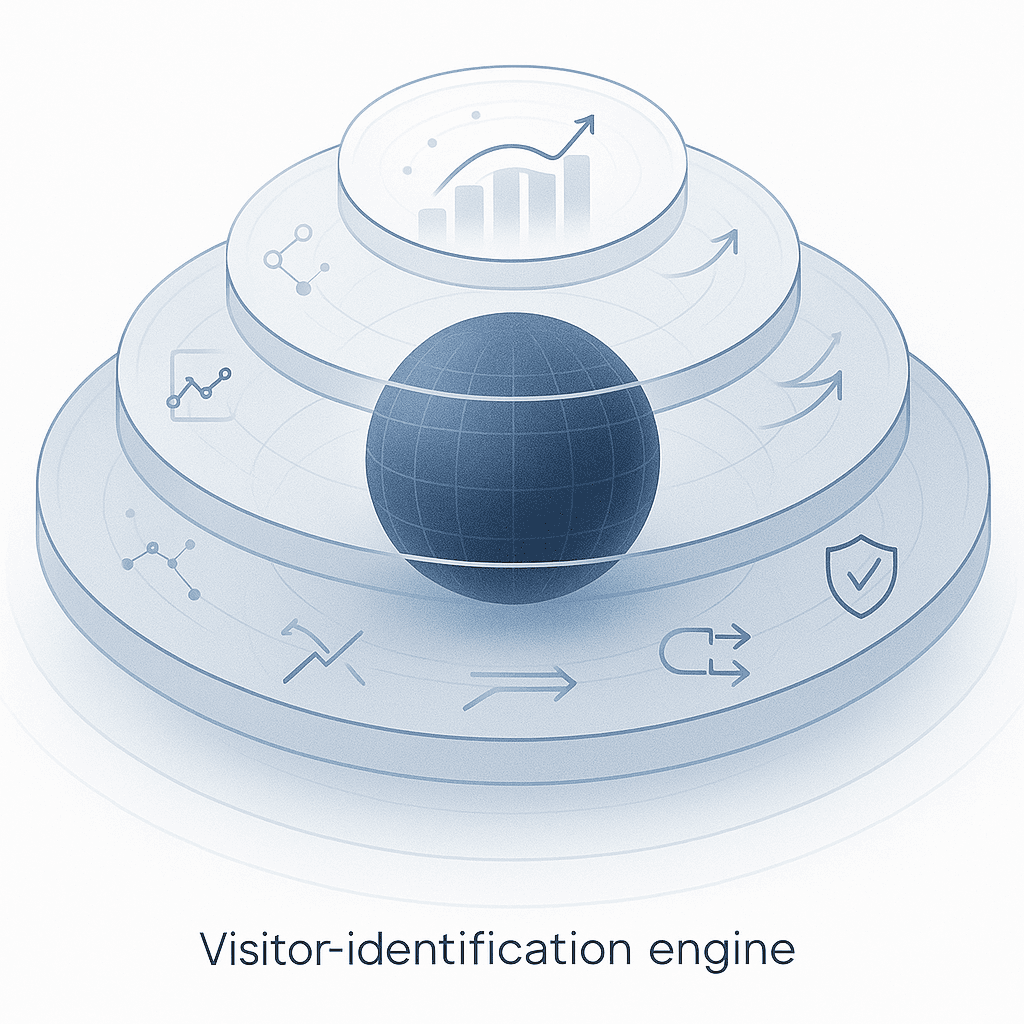 Layered diagram showing six interconnected capabilities encircling a visitor identification engine core