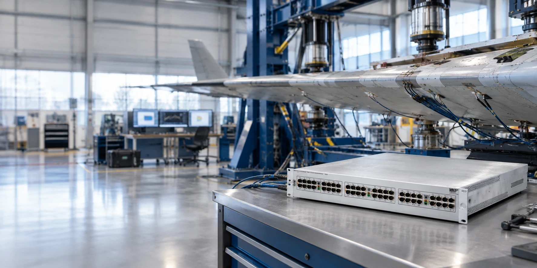 Radar test bench with rugged I/O chassis, PXI system and signal monitor, radar antenna in the background