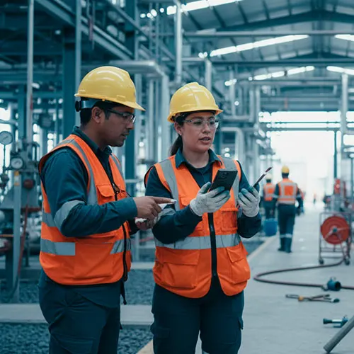 Two industrial workers in safety vests reviewing instructions on a smartphone inside a large processing plant.