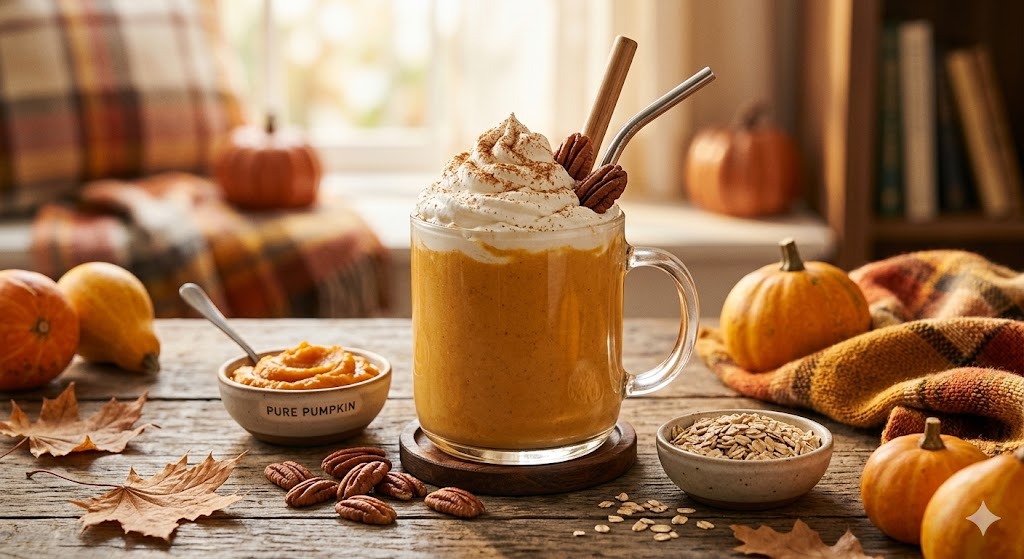 A thick orange pumpkin smoothie in a glass mug, topped with whipped cream and cinnamon. The mug is surrounded by pumpkin puree, pecans, and oats against a cozy autumn setting, captured in warm lighting for a dessert-style presentation.