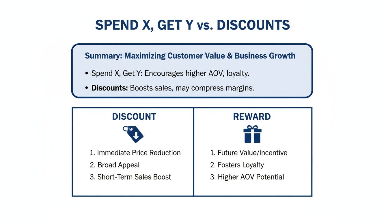 Comparison of Spend X, Get Y vs. Discounts strategies for customer value and business growth.