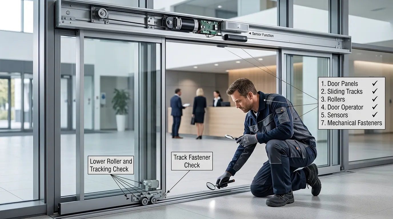 Technician inspecting automatic sliding door tracks rollers and sensors