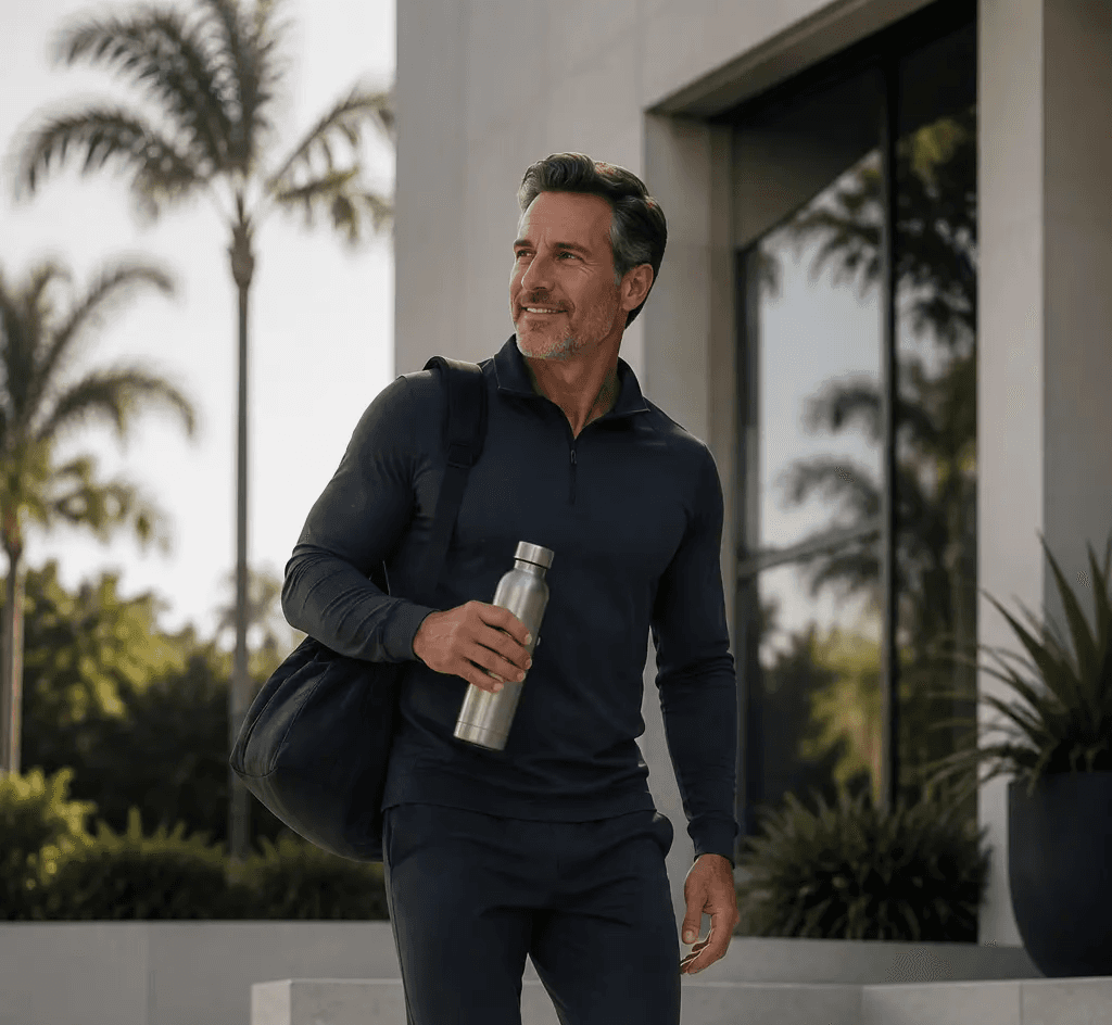 Man in athletic wear walking down steps with a water bottle