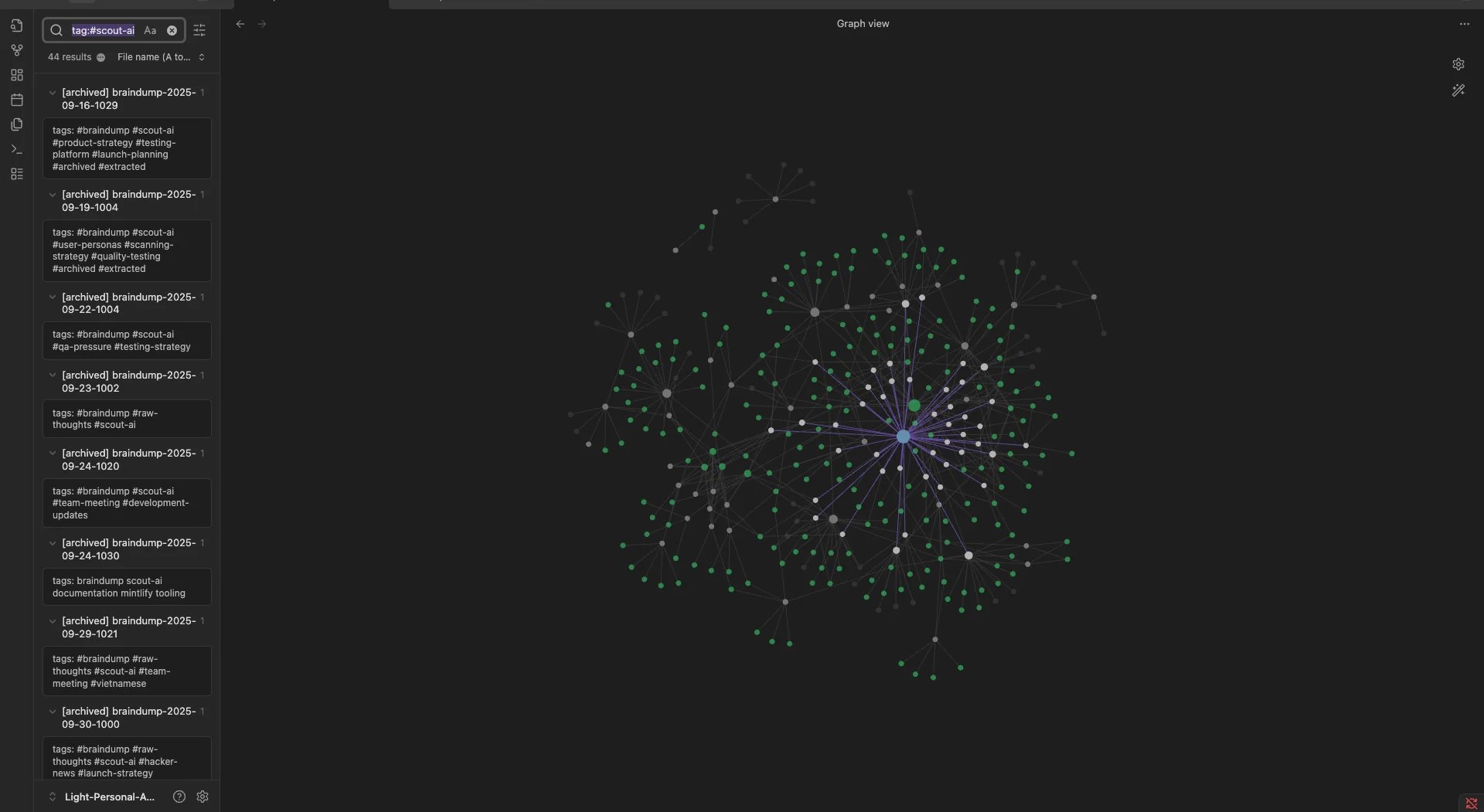 A dark-mode Obsidian graph view showing a dense network of connected notes. A central blue node sits in the middle with many white and green nodes branching outward, illustrating how ideas cluster and self-organise in a COG setup. The left sidebar lists tagged notes related to scouting and brainstorming.