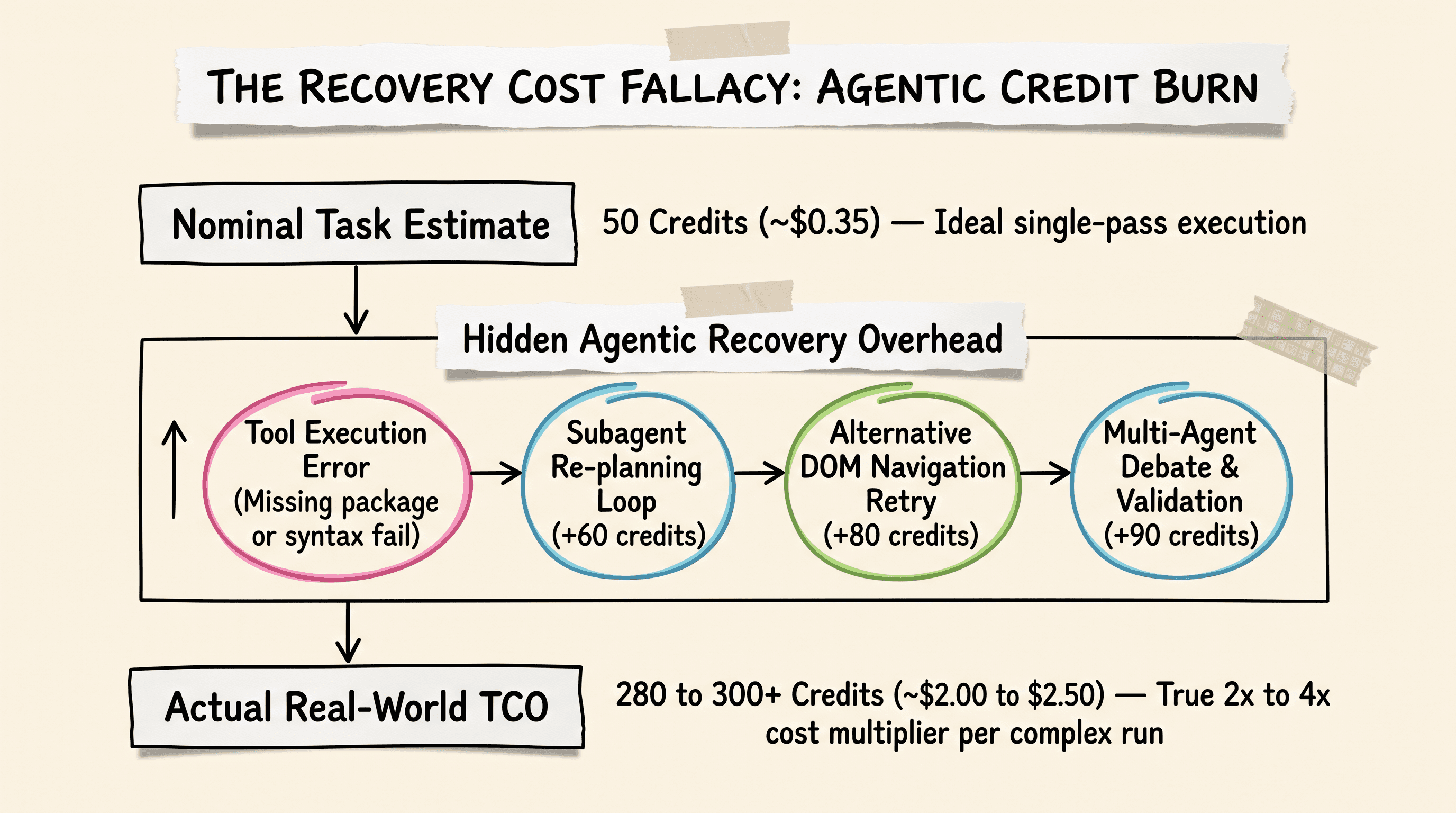 Scrapbook diagram illustrating the credit burn recovery cost fallacy and multi agent loop TCO
